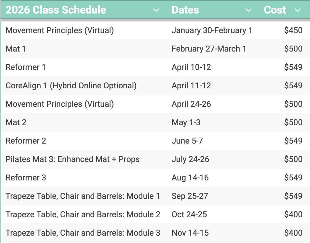 Pure Movement Teacher Training Schedule 2026